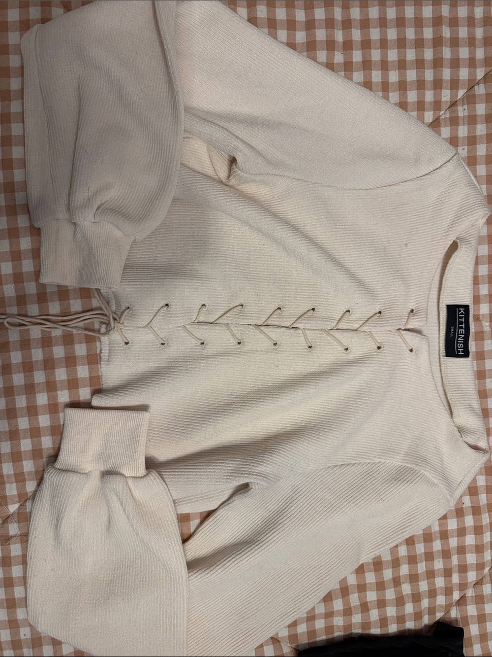 Kittenish Cream Lace-Up Ribbed Crewneck Sweater